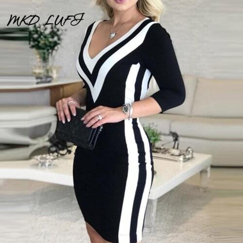 Contrast Color Striped Tape Bodycon Dress Women Sexy V Neck Long Sleeve Party Dress Dropshipping