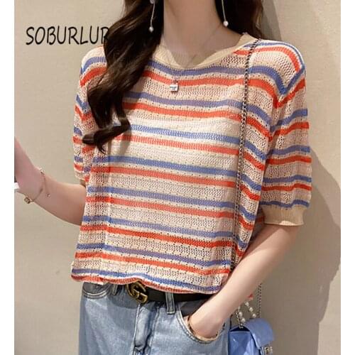 SOBURLUR Crop Tops Short sleeve T-shirt Womens T-shirt Oversized T-shirt Woman Clothes Knitting Loose Top 2021 Summer