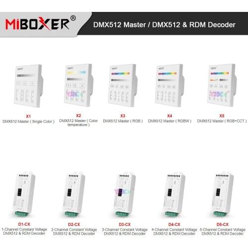 Miboxer Single Color/CCT/RGB/RGBW/RGB+CCT DMX512 Master 2.4G 86 Touch Panel Wall Switch Remote,1/2/3/4/5 CH DMX512&RDM Decoder