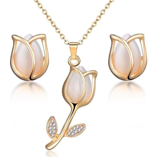 Cute rose flower lead opals rhinestone crystal pendant necklace earrings cat eye stone necklace wedding jewelry sets