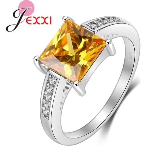 Trendy Silver Rings Women Bridal Jewelry Fashion Square Yellow Crystal Wedding Ring With Cubic Zirconia joyas de plata