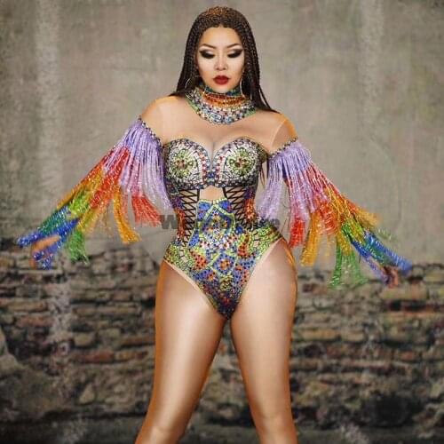 New Women Colorful Rhinestones Tassel Leotard Costume Birthday Prom Celebrate Outfit Bar Evening Dancer Bodysuit