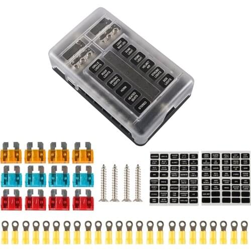 New 12 Way Blade Fuse Block Box Holder Kit with Negative Bus + 5A 10A 15A Fuses for Car Marine Boat RV Truck 32V