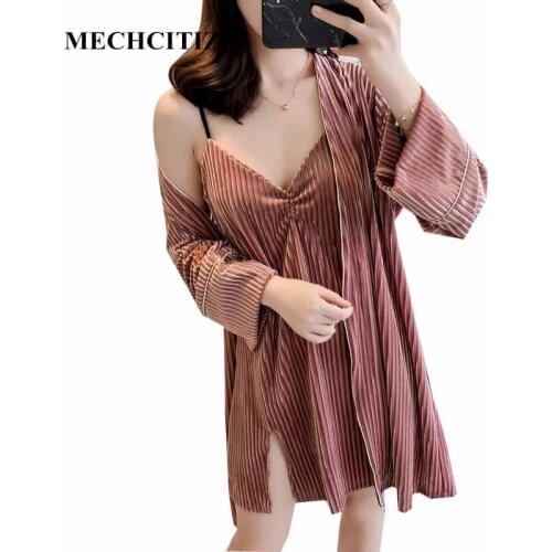 MECHCITIZ Autumn Winter Womens Velvet Robe Gown Set New Arrival Kimono Bathrobe Gown Sexy Sleepwear Robes Lingerie Bathrobe
