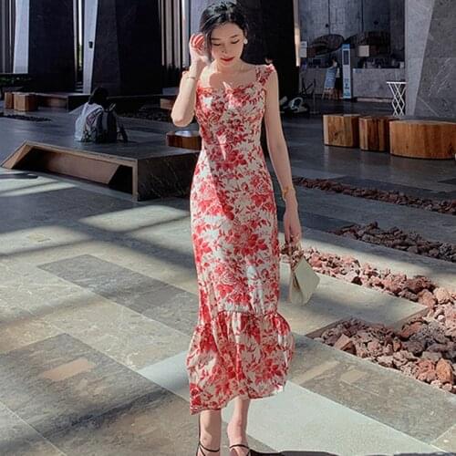 Summer Sweet Floral Print Maxi Dress Ladies Elegant French Romantic Sexy Strap Sleeveless Party Birthday Beach Dress Vacation