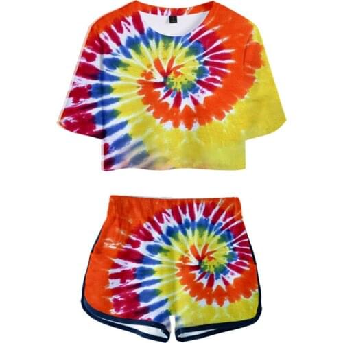 Cool Tie Dye Flashbacks Sexy Two Piece Sets Women Summer Fashion Colorful Psychedelic Exposed Navel Crop Top and Elastic Shorts