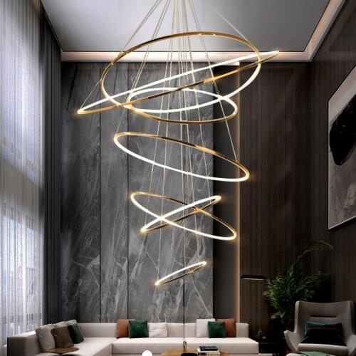YOOGEE Modern Ring LED Chandelier for Staircase Luxury Living Room Gold Loft Fixture Long Villa Hallway Lobby Home Decor Lamp