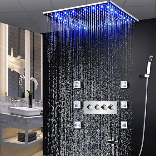 Modern Thermostat Shower Faucet sets 20 inch Ceiling Rainfall Shower System Luxury RGB LED light / Body Jets Massages 2 inch