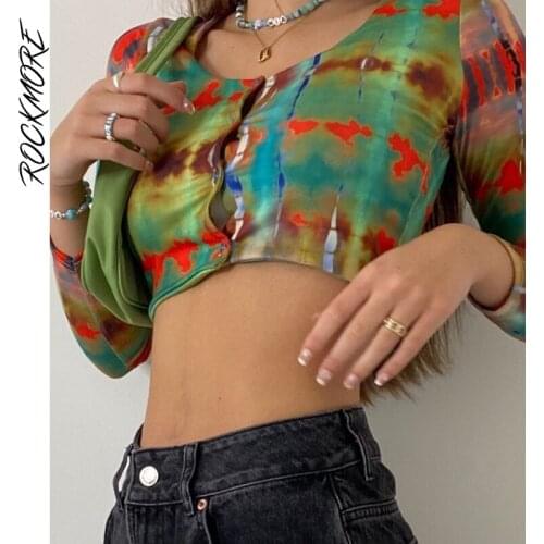 Rockmore Tie Dye Print Crop Top y2k Vintage Long Sleeve T Shirt Cardigans Women V-Neck Tee Women Autumn Aesthetic Fairy Grunge