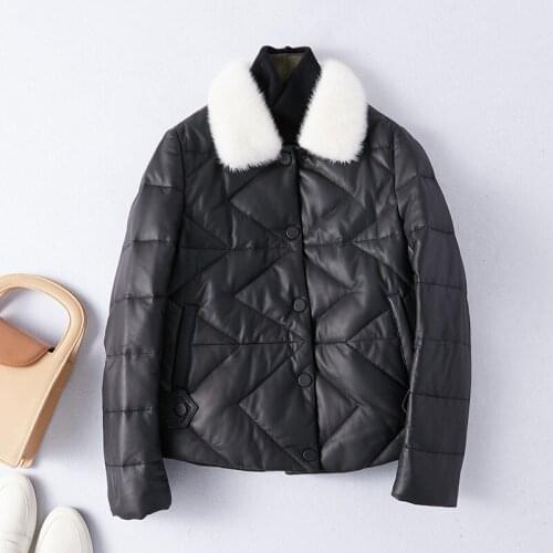 2020 New Autumn Winter Genuine Leather Down Jacket Women Mink Fur Collar Real Sheepskin Leather Coat Slim Fit WJ1687 KJ3389