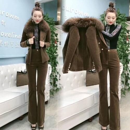 2020 autumn and winter new corduroy suit flared pants suit female real fur collar temperament goddess fan two-piece suit