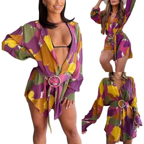 2021 New Female Fashion Shirt Dress Summer Color-Block Turn-Down Collar Long Sleeve with Waist Belt for Adults S/M/L/XL