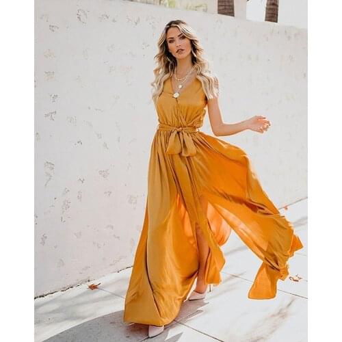 Summer New Style Bohemian Street Hipster Solid Color V-neck Sleeveless Lace-up High-slit Large-length Dress Long Skirt