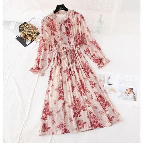 Elegant Floral Women Dress Female Casual Flare Sleeve Office ChiffonLacePrint Dresses A-line Vintage Sweet Clothing Autumn 2021