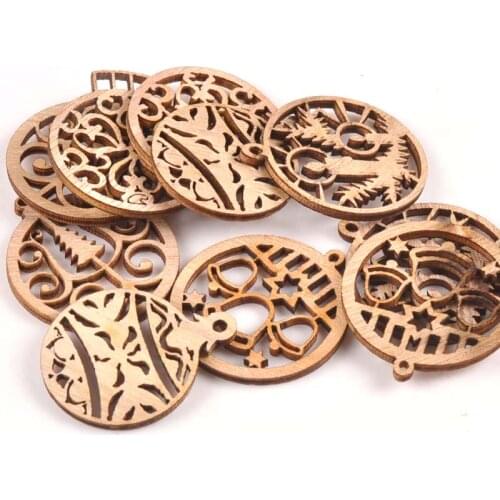10pcs Carved Christmas Ball Wood DIY Craft Scrapbooking Decoration Natural Wooden Ornament For Home Handicrafts m1855