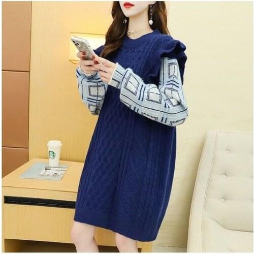 2021 autumn and winter clothing new fake two-piece sweater ladies pullover plaid long-sleeved round neck dress female leisure