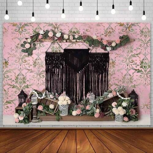 Avezano Spring Backdrop Birthday Baby Shower Flower Tassel Wood Board Pink Photography Backgrounds Photo Studio Photophone Decor