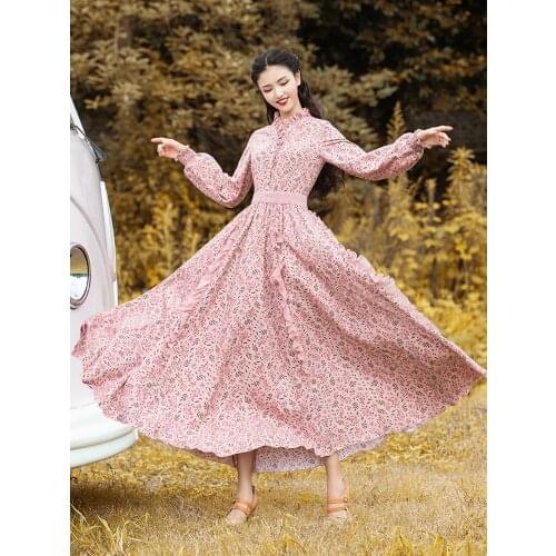 Free Shipping Boshow 2021 Fashion Women Long Maxi Lantern Sleeve Flower Print Spring And Autumn Bohemian Dress S-L High Waist