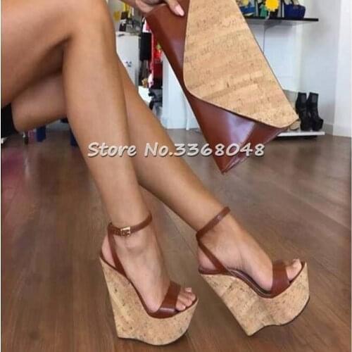 Leather Women Platform Wedges Burgundy Sandals Sexy Open Toe Buckle Strap Woman Party Dress Shoes Big Szie 43 Wood Heel