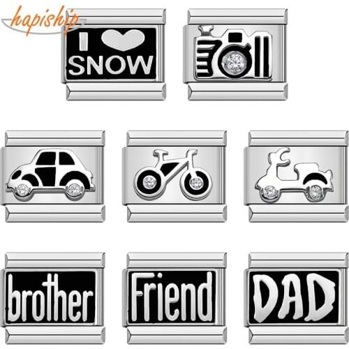 Hapiship Original Daisy Dad Friend Brother Bike Car Italian Links Charm Fit 9mm Stainless Steel Bracelet Jewelry Making DJ083
