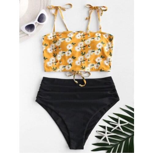 European and American yellow strappy swimsuit women cover conservative high waist bikini black sexy vacation beachwear