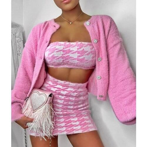 Pink Knit Cardigans Sweater Women V Neck Loose elegaht Thicked Pull Femme Print Short Casual Coat crop top and Skirt Set