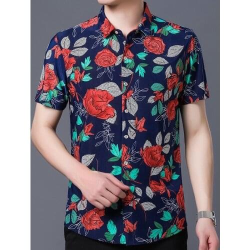 Summer Casual Shirts For Mens Hawaiian Shirt Short Sleeve Flowers Printed Plus Size Mens Shirts Cotton Colored Oversize Costume