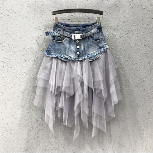 Summer new Korean mesh stitching high waist A denim skirt is a long skirt Solid Cotton Above Knee, Mini empire Casual
