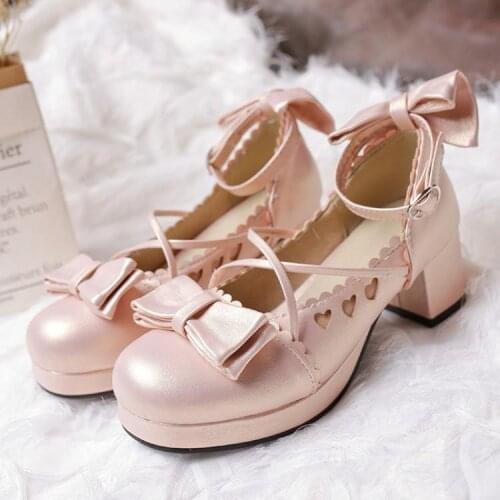 Lolita Japanese Princess lolita single shoes female Bowknot cross straps sweet COS Thick Middle Heel JK Uniform Lolita Shoes