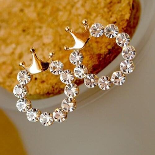 Fashion Jewelry Shining Crystal Round Circle Stud Earrings For Women Gold Color Crown Earrings Party Wedding Jewelry Gift