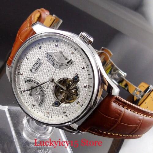 PARNIS Men Watch 43mm Wristwatch Power Reserve Auto Date Indicator Leather Strap Hollow Dial Special Design