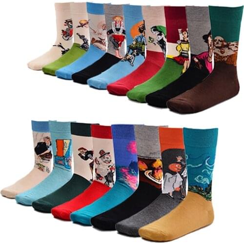 COCOTEKK New Arrival Men Art Socks Men Long Oil Painting Socks Men Cotton Jacquard Van Gogh Series Skateboard Unisex Crew Socks