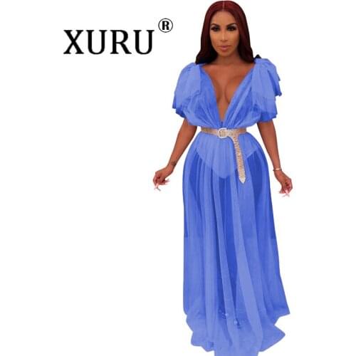 XURU new womens solid color mesh sexy perspective dress deep V-neck club party dress without belt