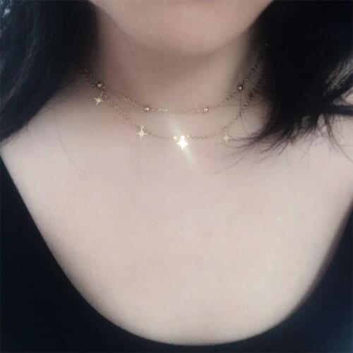 New Multilayer Stainless Steel Women Gold Silver Color Bead Chain Hexameron Amulet DavidS Star Crescent Pendant Choker Necklace