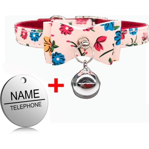 Engraved ID Tag Name Personalized Cat Collar Cats Kitten Bowknot Collar With Necklace With Bell Pink Blue Colors