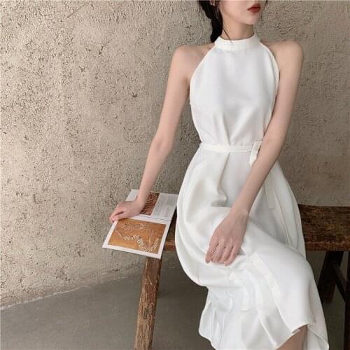 Hepburn port of retro atmosphere quality show thin dress strapless sexy sleeveless white neck hung long s in summer