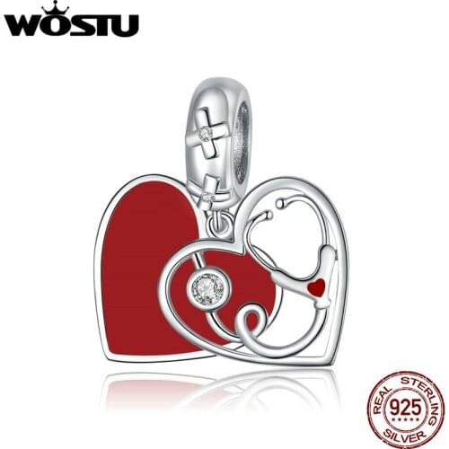 Wostu Authentic 925 Sterling Silver Stethoscope with Heart Pendant Charm for Original Silver Bracelet Necklace Jewelry BNC308