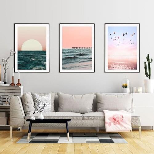 Pink Sky Blue Ocean Sunset Poster Romantic Hot Air Balloon Nordic Canvas Painting Art Print Wall Picture Living Rooms Home Decor