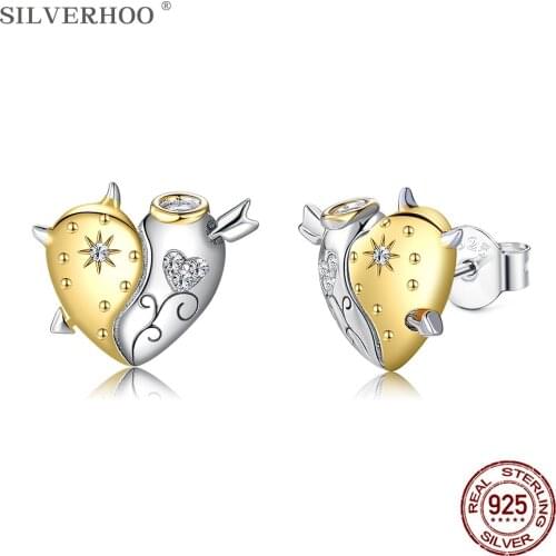SILVERHOO Genuine 925 Sterling Silver Angel And Demon Earring Trendy CZ Heart Stud Earrings For Women Anniversary Jewelry Gift