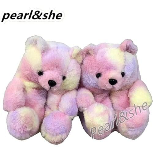 Cute Bear Slippers Fashion Soft Plush Bear House Slippers Indoor Anti-Slip Faux Fur Warm Shoes For Women And Girls