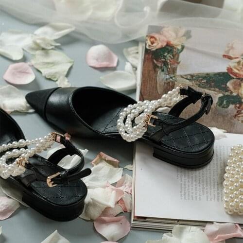 Summer color matching pointed pearl chain low heel flat work single shoes banquet dress all-match comfortable female sandals