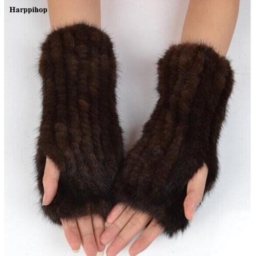 Womens Mittens 8'' Real Knitted Mink Fur Fingerless Gloves Winter Mittens Strong Elasticity Fur Mittens for Ladies Cold Weather