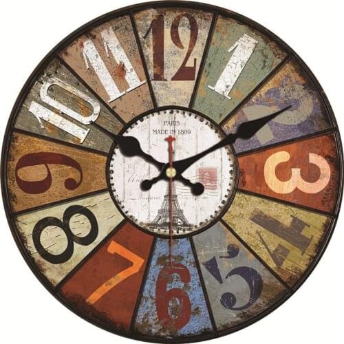 Vintage Rustic Retro Wooden Round Wall Clock 12 Inch Silent Non-Ticking Battery Operated Colorful Paint Boards Decorative Clocks