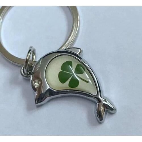 YQTDMY 10 pcs Personalized real four leaf clover classic dolphin shamrock keychain