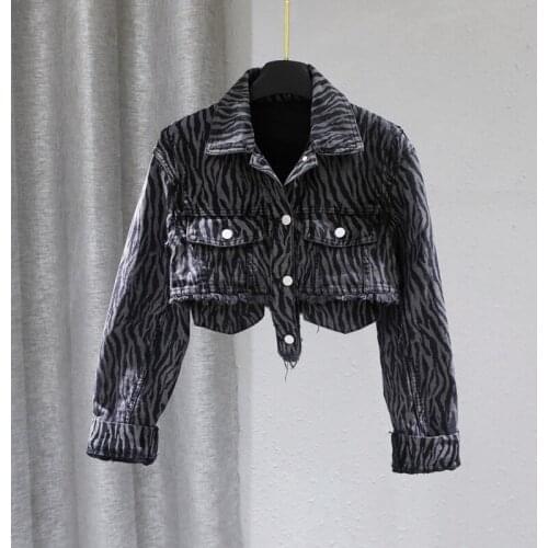 Zebra Print Short Denim Jacket Women Spring Autumn Irregular Frayed Burr High Waist Casual Korean Jeans Jacket Female Streetwear