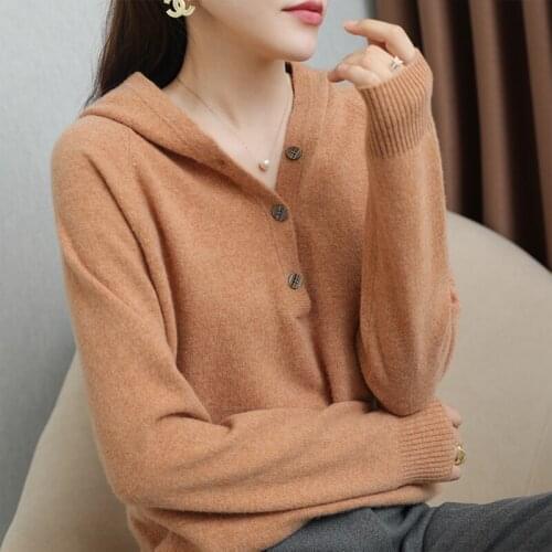 100% pure Wool Sweater women knitted hoodie fall/winter new long-sleeved pullover Cashmere sweater women loose slim sweater coat