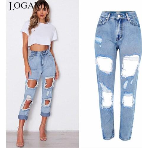 LOGAMI High Waist Loose Straight Casual Ripped Hole Jeans For Women Summer Autumn Denim Jeans Womens Light Blue