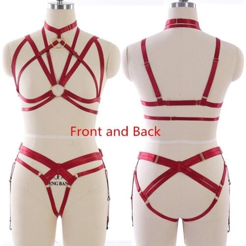Womens Goth Sexy Red Garters Belt Set Body Harness Elastic Adjust Strappy Bondage Fetish Harness Belt Cage Waist Briefs Set