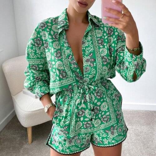 2021 Summer Two-piece Womens Straight High Waist Loose Shorts Green Printed Shirt Top Set Elegant Home Casual Ladies Shorts Set