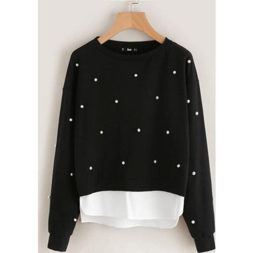 Women Sweatshirts Black White Patchwork Spring Autumn Long Sleeve O-Neck Casual Slim Elegant Beading Sweatshirt Pullovers